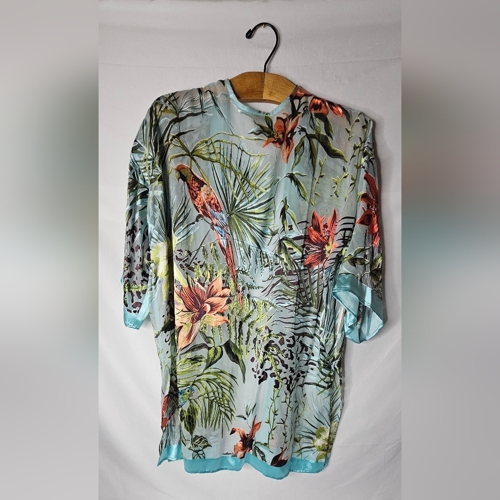 Chicos Tropical Parrot Ruana Multi-Colored Aqua Semi-Sheer Kimono Size S/M - Picture 5 of 9
